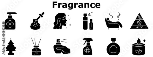 Fragrance set icon. Pump bottle, dropper, aroma inhalation, spray bottle, relaxation, scent pyramid, air freshener, reed diffuser, perfume spritz, room spray, bottle, scented candle.