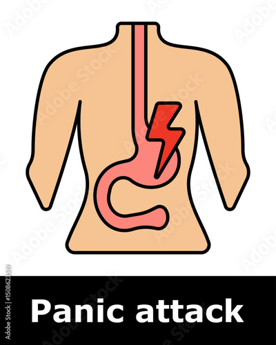 Panic attack icon. Human torso with stomach and esophagus highlighted, showing digestive discomfort, chest pain, internal tension, stress reaction.