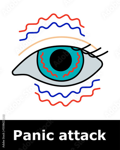 Panic attack icon. Eye with vibrating lines around it depicting visual distortion, fear response, heightened alertness, emotional stress, vision trouble.