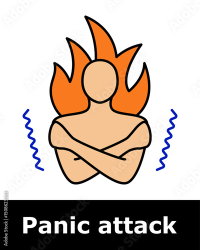 Panic attack icon. Person with crossed arms and flames showing body heat, inner agitation, emotional overwhelm, discomfort, stress state.