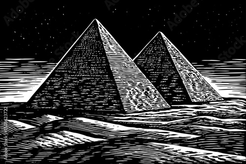 Ancient egyptian pyramid of Giza black and white isolated hand drawn sketch vector