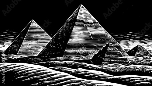 Ancient egyptian pyramid of Giza black and white isolated hand drawn sketch vector