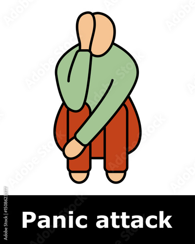 Panic attack icon. Person sitting with hand on face showing emotional shutdown, despair, mental overload, intense anxiety.