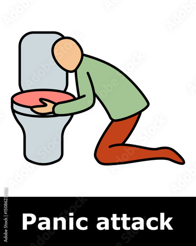 Panic attack icon. Person vomiting into toilet symbolizing nausea, extreme stress, stomach reaction, loss of control, physical trauma.