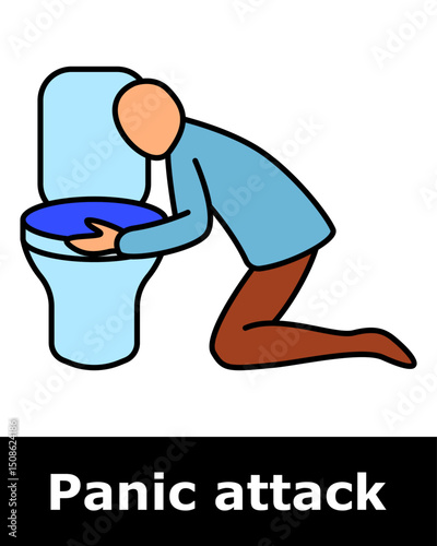 Panic attack icon. Person vomiting into toilet symbolizing nausea, extreme stress, stomach reaction, loss of control, physical trauma.