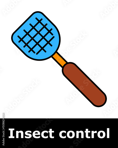 Insect control icon. Plastic fly swatter with brown handle used for manually killing flying insects indoors or outdoors.