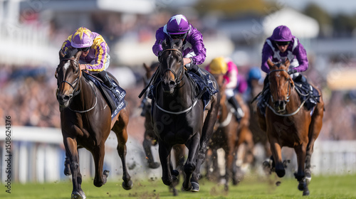 Thrilling Horse Racing Action at Royal Ascot Festival Featuring Top Jockeys and Elite Thoroughbreds in a Competitive Sprint Towards Victory on a Historic British Racecourse