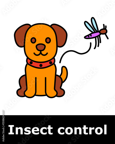 Insect control icon. Cute dog wearing red collar facing mosquito, representing pet protection from insect bites.