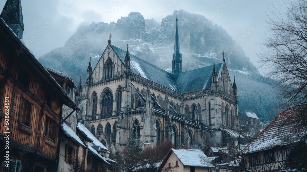 Obraz premium Majestic Gothic Church Surrounded by Snowy Mountain Landscape