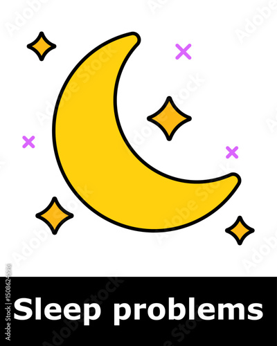 Sleep problems icon. Bright yellow moon surrounded by stars representing night and struggle to fall asleep despite tiredness.