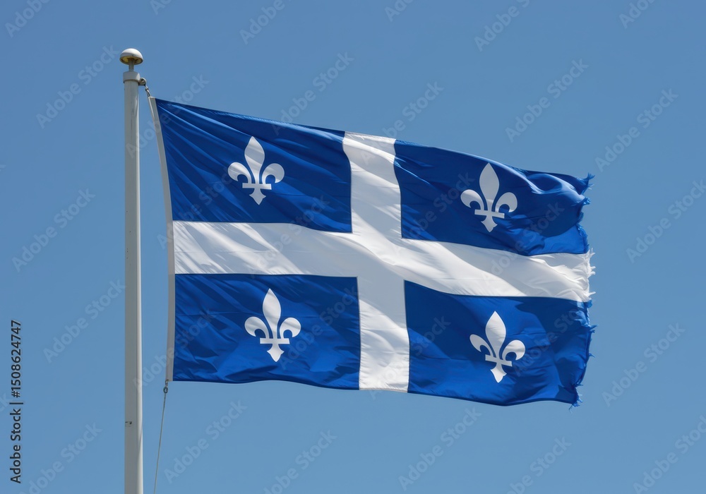 Fototapeta premium Quebec flag waving against a clear blue sky, showcasing the fleur-de-lis emblem