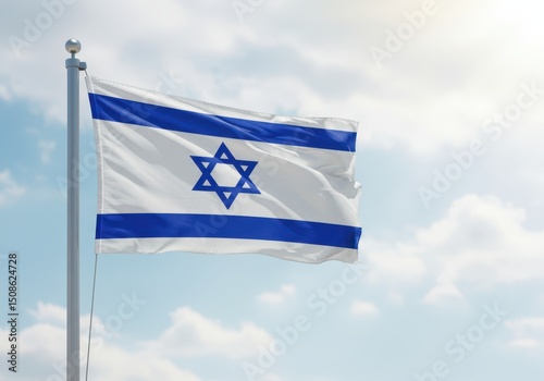Flag of israel waving against a bright blue sky with light clouds