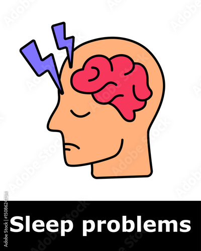 Sleep problems icon. Human head with closed eyes, brain, and lightning bolts indicating stress, insomnia, mental fatigue, overthinking, and neurological disturbance.