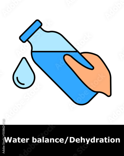 Water balance icon. Hand holding water bottle and droplet, symbolizing hydration, fluid consumption, healthy habit, thirst relief, and daily water intake.