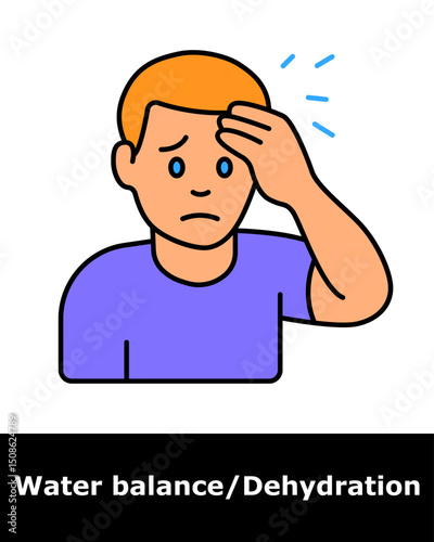 Dehydration icon. Person with hand on forehead, showing signs of dizziness, fatigue, lack of fluid, discomfort, and headache.