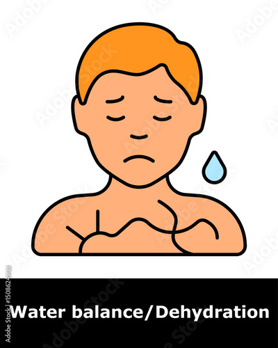 Dehydration icon. Person with cracked skin and droplet, representing dry skin, fluid loss, health risk, and body imbalance.