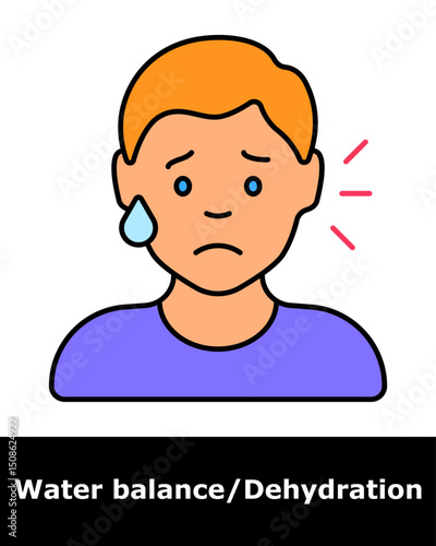 Dehydration icon. Person with tired expression and droplet, symbolizing fatigue, fluid deficiency, and physical exhaustion.