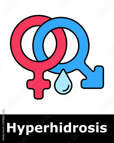 Hyperhidrosis icon. Male and female gender symbols with water droplet, indicating condition affects both sexes and involves excessive sweating.