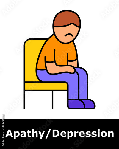 Apathy icon. Person hunched on chair, showing emotional withdrawal, disinterest, and psychological burden.