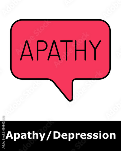 Apathy icon. Red speech bubble with word apathy, indicating emotional disconnection, lack of concern, and mental state.