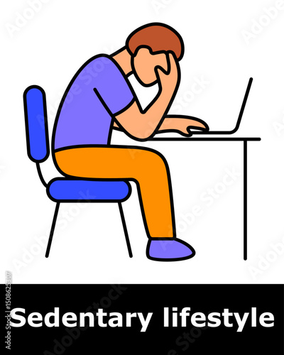 Sedentary icon. Stressed person with laptop showing mental strain and poor ergonomics from prolonged sitting.