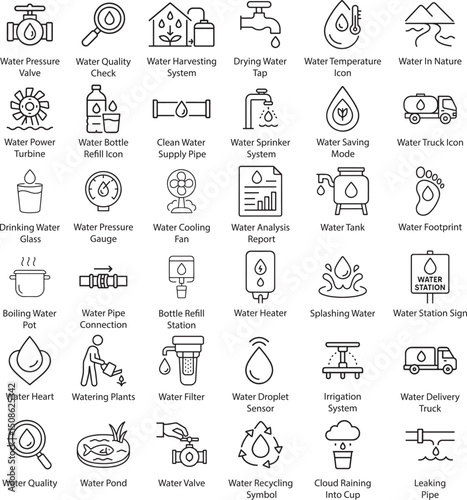 Water Icons Set, Vector Illustration on White Background.