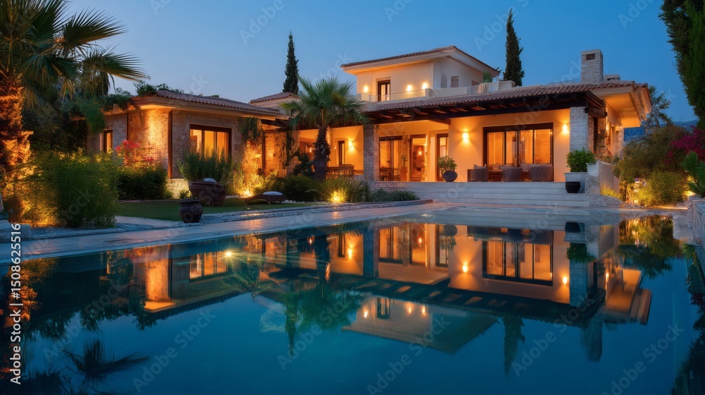 Obraz premium Elegant villa by the pool at twilight with stunning lighting effects