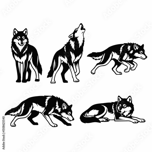 set of black silhouettes of wolf