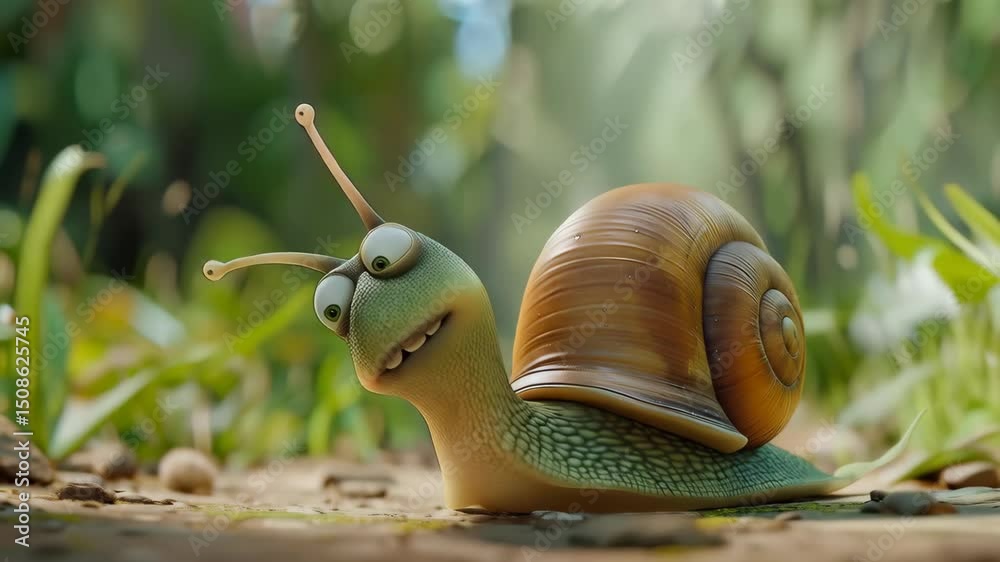 Lustige Cartoon Schnecke mit Schneckenhaus in der Natur. Rennschnecke freut sich spazieren zu gehen.