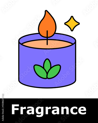 Scented candle in glass container with green leaves, symbolizing home fragrance, relaxation, aromatherapy, decorative aroma.