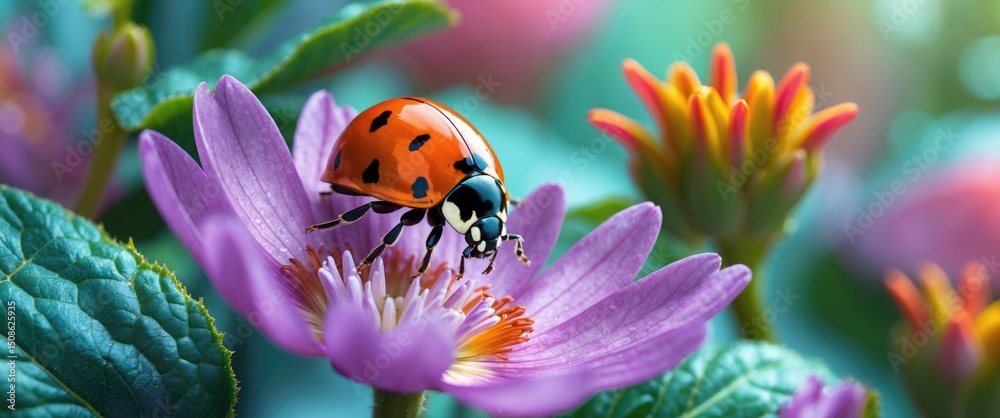 Fototapeta premium Extreme Macro Shots, Beautiful Ladybug On Flower Leaf with Empty Copy Space For Text