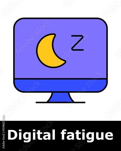 Monitor with moon and sleep symbol, representing screen fatigue, night use, disrupted sleep, digital burnout, rest recommendation.