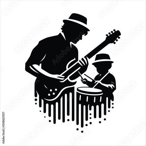 Father and son music band performing together vector illustration