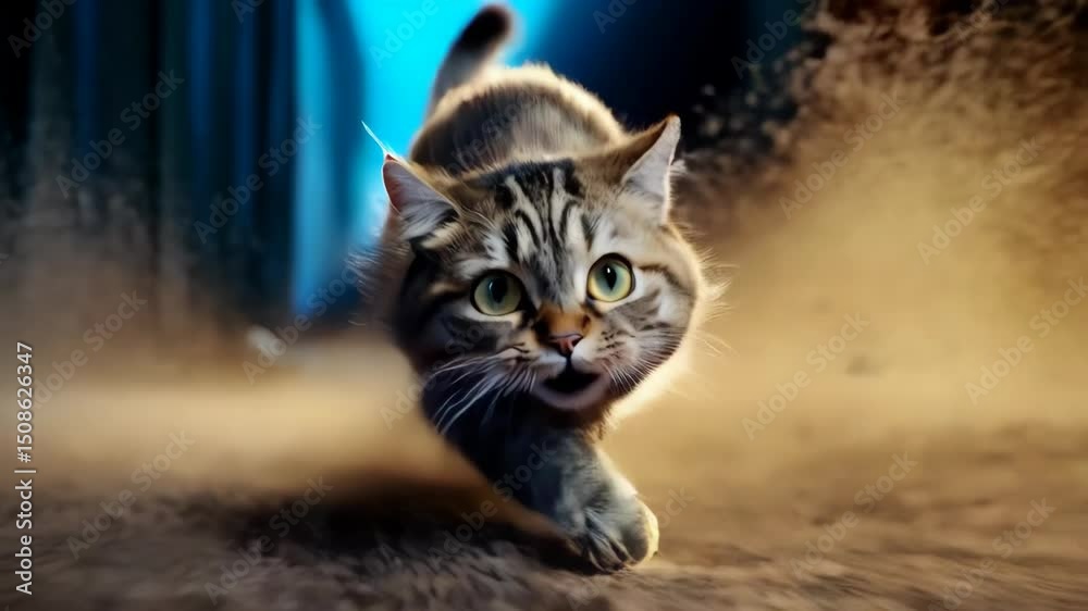 Schnell rennende Katze. Sand wird aufgewirbelt durch die Geschwindigkeit der Katze.