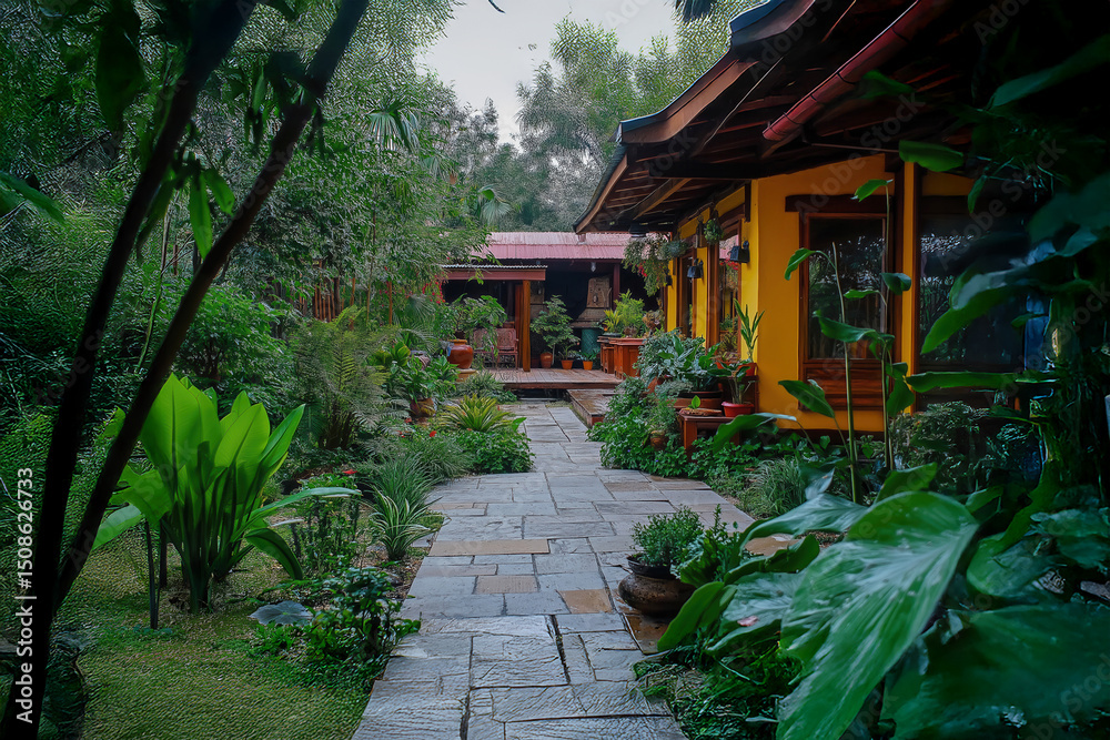 Stone pathway leading to tranquil yellow house in lush garden Stone pathway leading to tranquil yellow house in lush garden
