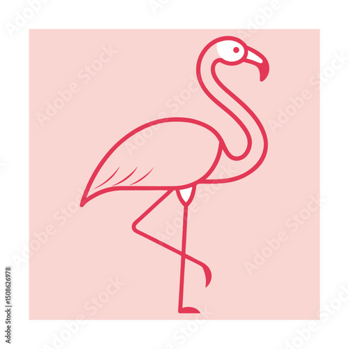 Simple vector illustration of a pink flamingo standing on one leg in a square frame
