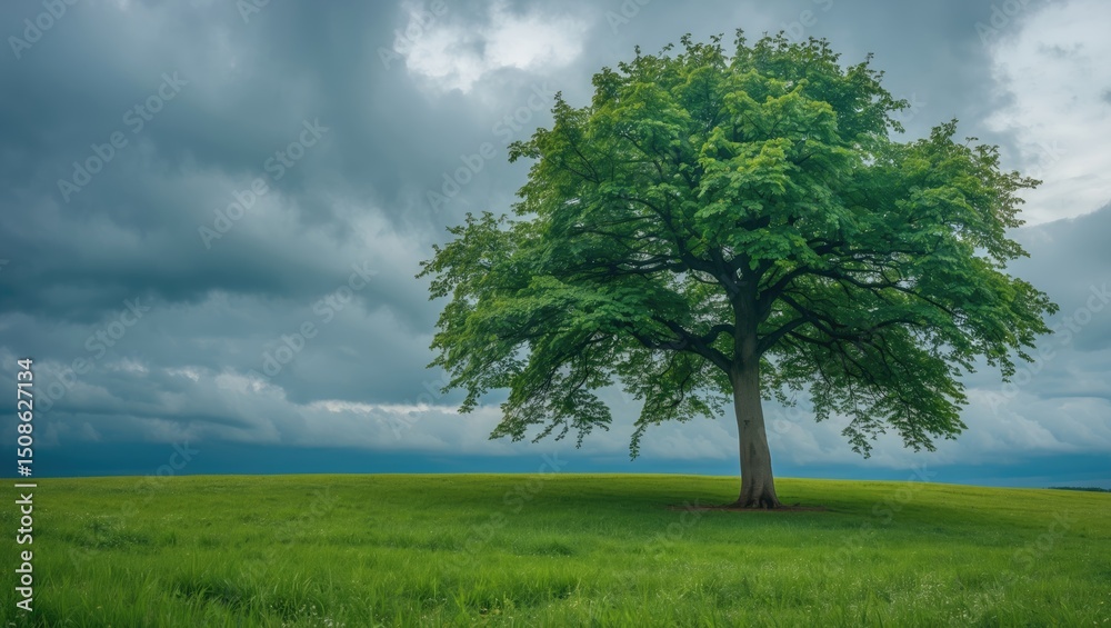 Fototapeta premium Alone tree on the green meadow under cloudy sky with dark clouds and lush grass.