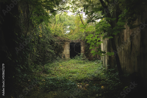 Creepy abandoned building being reclaimed by nature in a forest