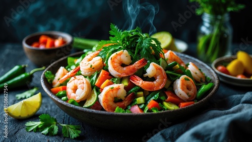 Paco Fern Spicy Salad Shrimp Healthy Salad Recipe For Fresh Seafood Vegetables with Empty Copy Space For Text
