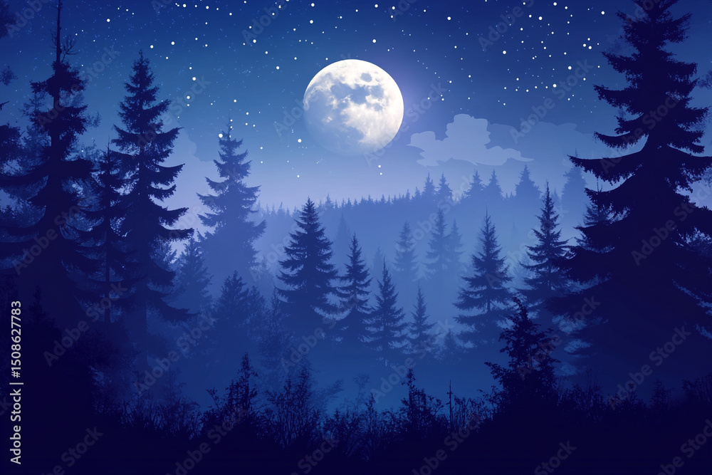 Fototapeta premium Nighttime forest scene with strong moonlit contrast
