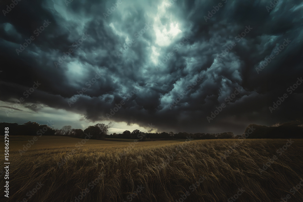 Fototapeta premium Dark storm clouds gathering over wheat field before a thunderstorm