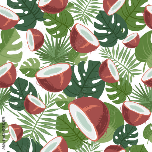 Seamless Vector Pattern with Tropical Green Leaves and Coconuts on White Background – Summer Nature Design for Kids, Seasonal Projects, Home Decor and Textile