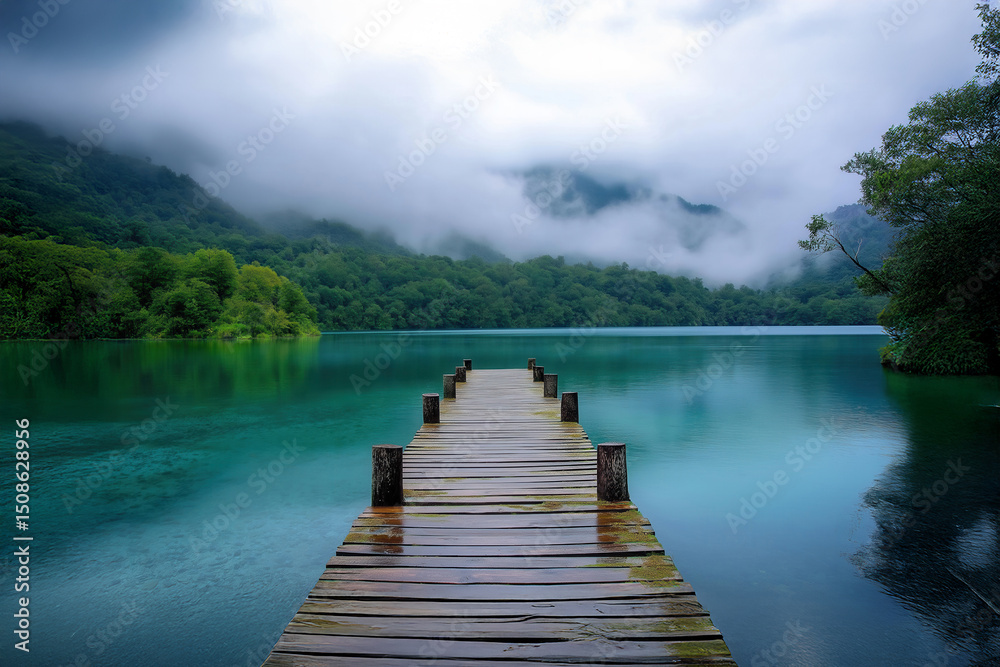 Naklejka premium Wooden pier stretching into serene turquoise lake amidst misty mountains
