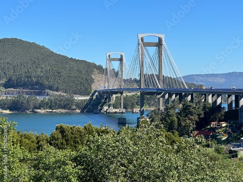 Cable-stayed Rande Bridge spanning Ria de Vigo near Cabanas, Redondela, Galicia, Spain, April 2024 photo