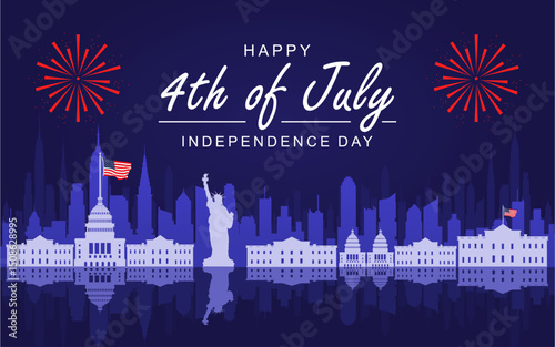 Happy Independence Day USA background with silhouette of skylines and historical landmarks and united states flag. 4th of july banner, greeting card.