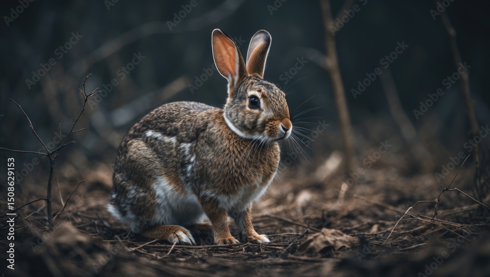 Fototapeta premium The Eastern Cottontail Rabbit is among the most common mammals. There is empty space available for text.