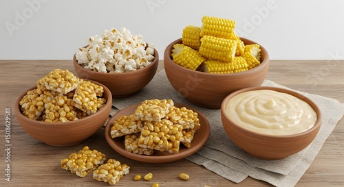 Mesa com comidas típicas de Festa Junina, incluindo milho cozido, pé de moleque, pipoca e canjica, dispostas sobre tecido rústico photo