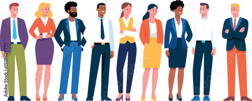 Diverse professional business team standing together in office attire, confident coworkers in corporate environment, teamwork and leadership concept illustration