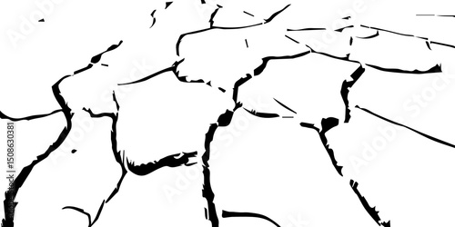 "A high-contrast black and white illustration showing large, cracked segments of dry earth or rock plates, resembling a stylized depiction of tectonic plate boundaries or a parched desert floor."