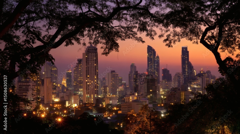 Obraz premium City skyline at twilight with illuminated buildings and trees